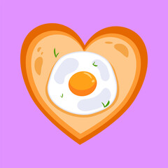 Cartoon of an egg in a heart shape. The egg is yellow and white. The heart is pink. Vector Illustartion