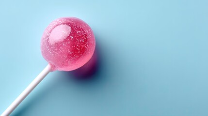 Glittering Pink Lollipop Isolated on a Soft Blue Background High Angle Still Life