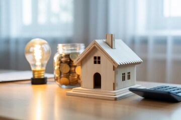 Dream Home Dreams: A symbolic representation of homeownership, showcasing a miniature house alongside a jar of savings and a lit lightbulb, against a backdrop of financial planning. 