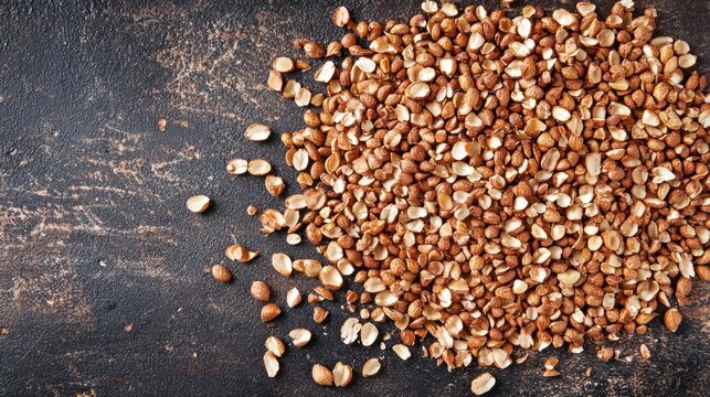 Roasted buckwheat groats overhead view dark background food photography close up