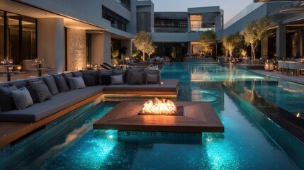 A Chic Sunken Lounge in a Pool Featuring a Fire Pit
