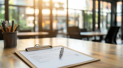 announcement with clipboard and job application form, blurred background of coworking space