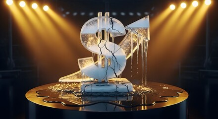 A cracked dollar sign with an arrow, melting on a pedestal, illuminated by spotlights.