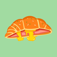 Cartoon of a croissant with melted cheese oozing out of it. The yellow and orange colors of the croissant and cheese create a warm and inviting mood. Vector Illustartion