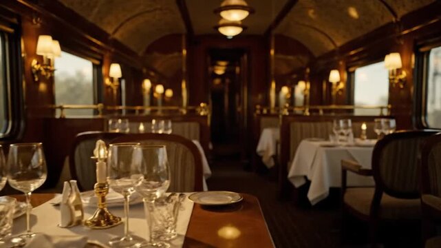 A formally set dining table inside a train car with wine glasses and silverware ready for service