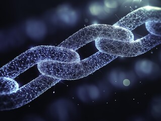 Blue digital chain with one broken glowing link on binary code background