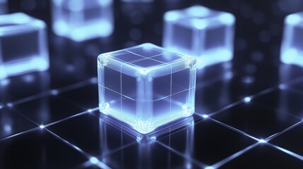 Digital rendering of multiple glowing blue blocks connected by black wires, representing AI model connections in data center architecture