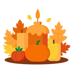 Autumnal thanksgiving table arrangement with pumpkins candles and fall leaves