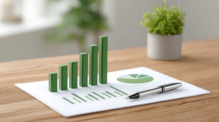 eco friendly business initiative Visual representation of financial growth with green charts and graphs on a wooden desk.