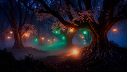 Fototapeta premium Creepy forest on a dark night with lanterns Dark and spooky wood on a terrifying night.