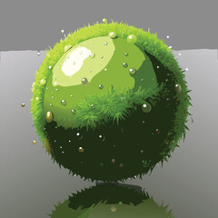 Spherical moss planet with water droplets earth sphere