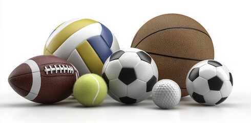 Set of sports equipment including volleyball, football, billiard balls, tennis ball, golf ball, basketball, and soccer ball, isolated on white background