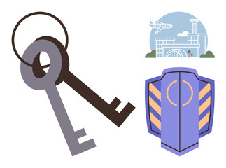 Two keys, a protective shield, and airport elements conveying access, security, aviation, and travel. Ideal for safety, transportation, travel aviation security key management and protection