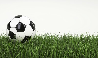 Soccer ball lying on lush green grass isolated on white background