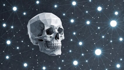 Emerging skeletal structure in digital network with glowing nodes, representing future technology, data connections, and innovation.