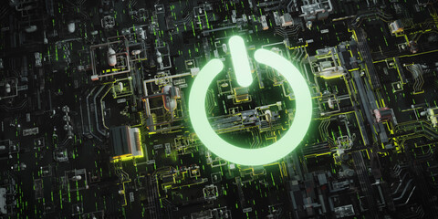 Glowing green power icon on an abstract tech circuit 3D render of future eco digital energy and innovation