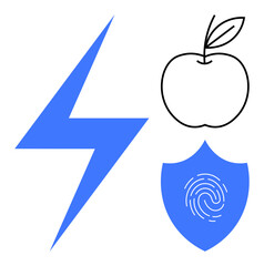 Blue lightning bolt, outlined apple with leaf, and shield with fingerprint highlight energy, health, and security. Ideal for technology, wellness, biometrics, power diet innovation and protection