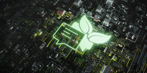 Glowing Green Leaf Battery Icon on a Futuristic Tech Circuit Board 3D Eco-Technology Concept