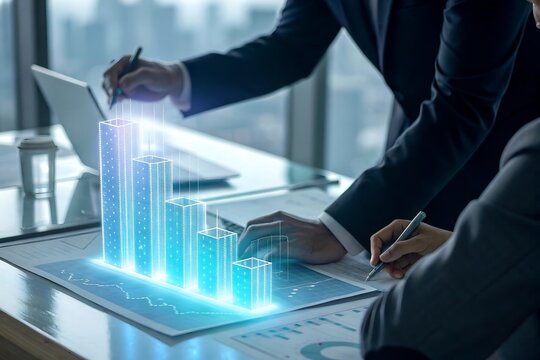 Close-up of hands interacting with holographic bar graphs on corporate meeting table, digital analytics interface