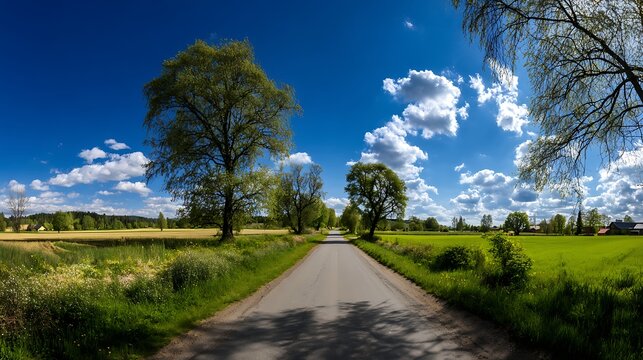 Awesome photo of picturesque country road with trees and fields under a blue sky on a sunny day.