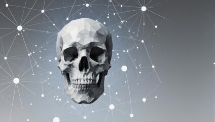 Striking low poly skull emerges from interconnected network creating a modern abstract representation of data or mystery