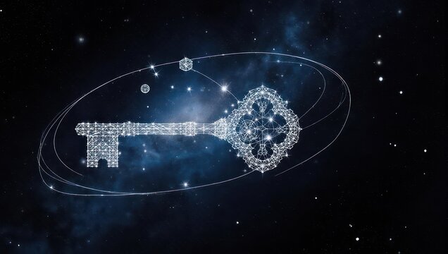 Unlock cosmic secrets and discover innovative solutions with this stunning geometric key in a vibrant starry galaxy