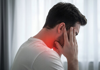 Fototapeta premium A man experiencing significant pain, cradling his head and neck, suggesting headache, migraine, or muscle tension, with a highlighted area indicating discomfort.