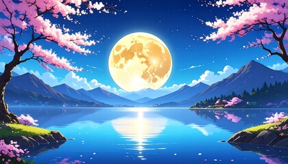 A vibrant animated depiction of a full moon illuminating a serene lake bordered by blooming cherry trees and mountains
