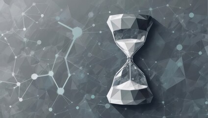 Abstract hourglass symbolizes passing time against a backdrop of connected digital network nodes representing data flow and modern technology.