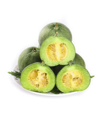 Fresh Shandong Emerald Honeydew Melons Cut in Half on White Background