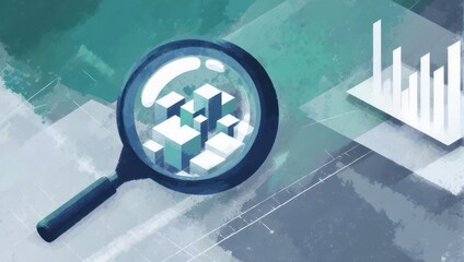 Magnifying glass reveals detailed 3D data cubes alongside a growing bar chart, symbolizing analytics and business insight discovery.