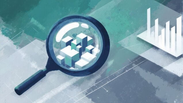 Magnifying glass reveals detailed 3D data cubes alongside a growing bar chart, symbolizing analytics and business insight discovery.