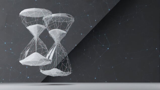 Modern abstract hourglasses symbolize time passing and digital connections in a futuristic network