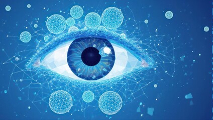 Futuristic digital eye observing complex data networks and glowing abstract spheres, symbolizing innovation and advanced technology concepts