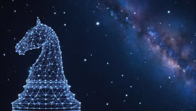 Abstract glowing knight chess piece emerges from a vibrant cosmic nebula against a starry night sky