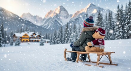 Person and a teddy bear on a sled look at snowy mountains and a distant lit-up lodge amidst falling snow