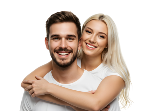 Happy young couple embracing and smiling brightly, captured in a studio portrait on a white background - Powered by Adobe