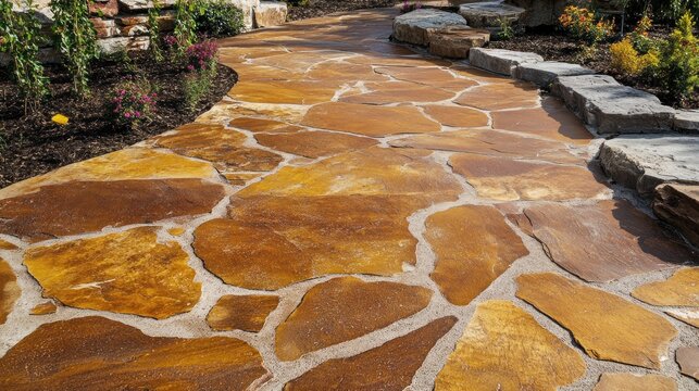 Golden brown flagstone pathway irregular stone walkway natural garden path