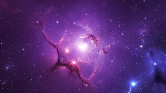 Vibrant purple nebula with bright stars and cosmic dust in deep space