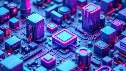 Fototapeta premium Futuristic isometric circuit board with glowing neon blue and pink lights, technology innovation, digital cityscape, modern mood