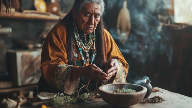 elderly native american performing traditional ritual with herbs and incense. cultural heritage, spirituality, indigenous wisdom in warm rustic setting. smudging ceremony indoors