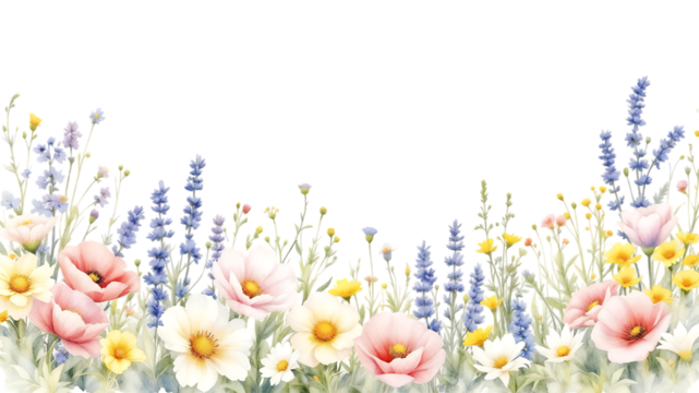 Watercolor Wildflower Border, Isolated on Transparent Background
