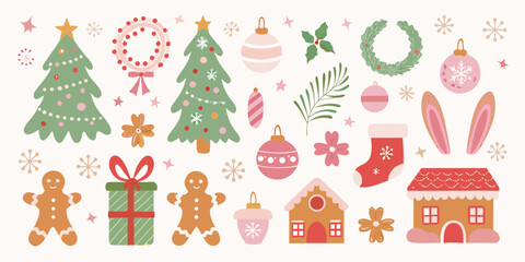 Charming christmas elements collection featuring trees ornaments gifts gingerbread houses and festive decorations