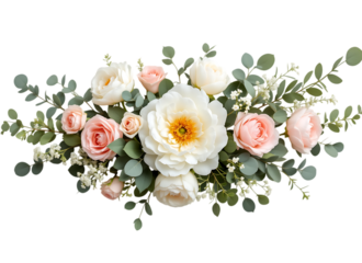 Floral Arrangement with Peonies, Roses, and Eucalyptus, Isolated on transparent background

