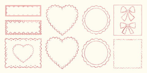 Collection of delicate pink hand drawn decorative borders and frames with hearts and bows