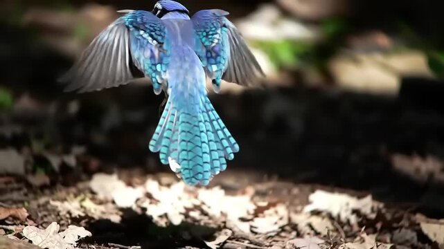 Blue Jay in Flight with Forest Floor.