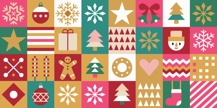 Festive geometric christmas pattern with snowflakes ornaments trees gifts and snowman
