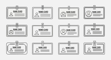 Collection of twelve stylized, line-art name badge designs featuring placeholder icons and text fields, presented in a grid layout against a light gray background.