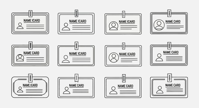 Collection of twelve stylized, line-art name badge designs featuring placeholder icons and text fields, presented in a grid layout against a light gray background.