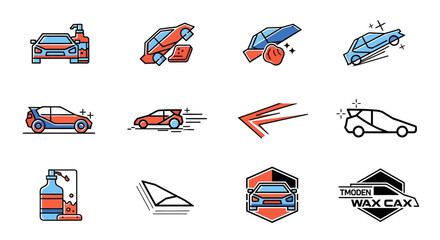 Set of colorful car-related icons depicting washing, detailing, and design elements.